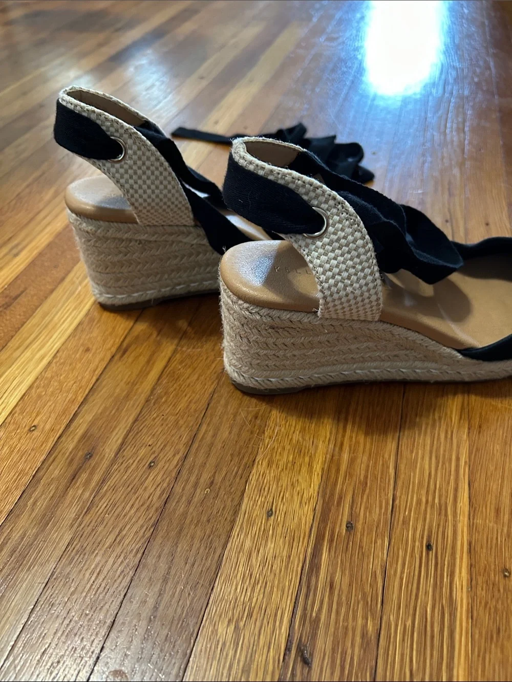 Kelly & Katie Goldie Wedge Sandal - Black Espadrille Tie-Ankle Wedge Sandals